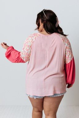 Plus Size Pink Contrast Floral Patchwork Long Sleeve  Blouse