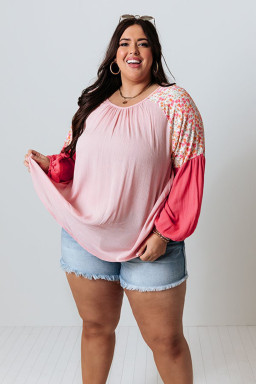Plus Size Pink Contrast Floral Patchwork Long Sleeve  Blouse