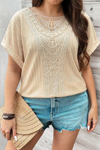 Plus Size Beige Lace Crochet Patched Cable Textured Cuffed Short Sleeve  Top