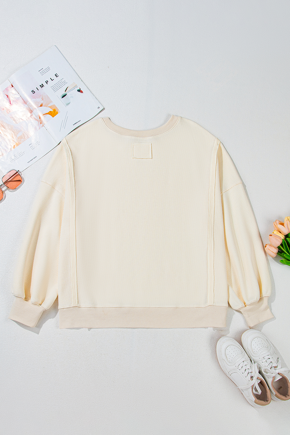 Plus Size White Solid Color Waffle Knit Drop Shoulder  Sweatshirt