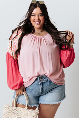 Plus Size Pink Contrast Floral Patchwork Long Sleeve  Blouse
