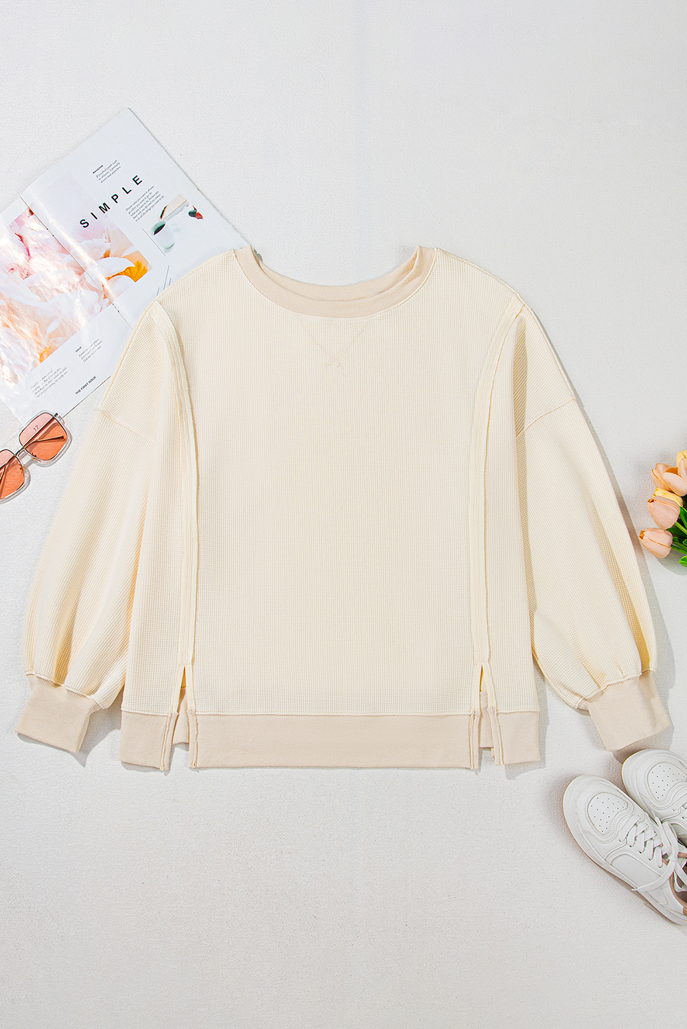 Plus Size White Solid Color Waffle Knit Drop Shoulder  Sweatshirt