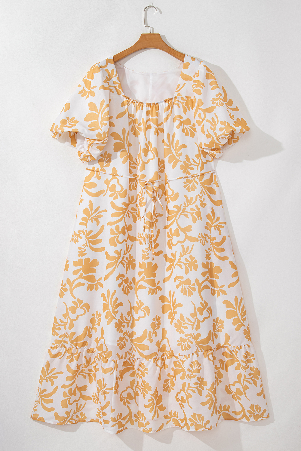 Plus Size Apricot Floral Print Puff Short Sleeve Resort  Maxi Dress