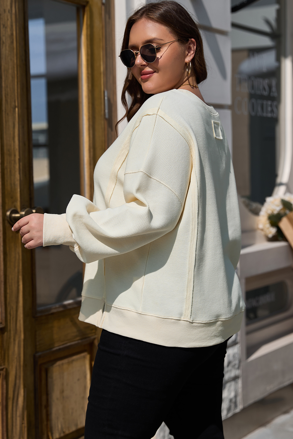 Plus Size White Solid Color Waffle Knit Drop Shoulder  Sweatshirt