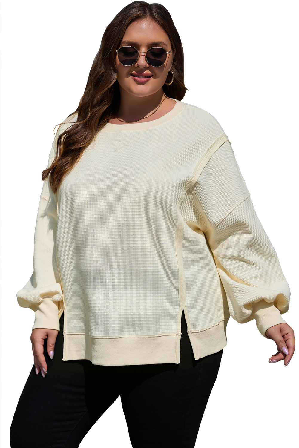 Plus Size White Solid Color Waffle Knit Drop Shoulder  Sweatshirt