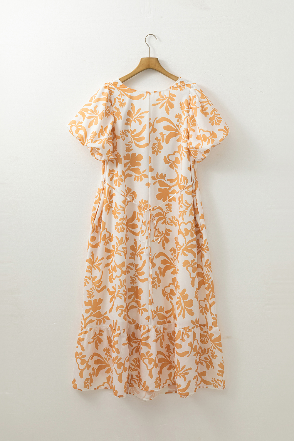 Plus Size Apricot Floral Print Puff Short Sleeve Resort  Maxi Dress