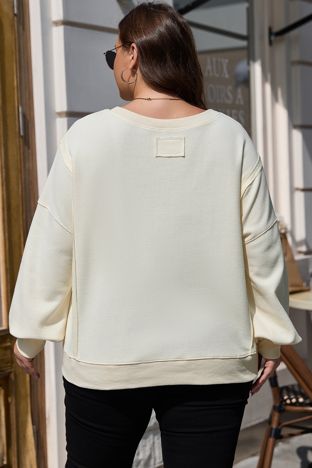 Plus Size White Solid Color Waffle Knit Drop Shoulder  Sweatshirt
