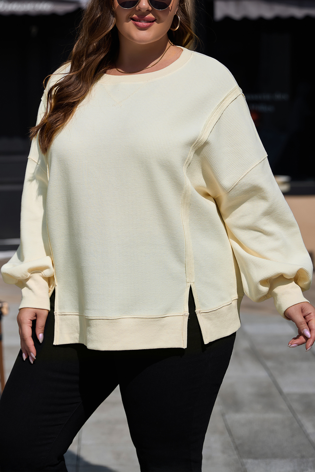 Plus Size White Solid Color Waffle Knit Drop Shoulder  Sweatshirt