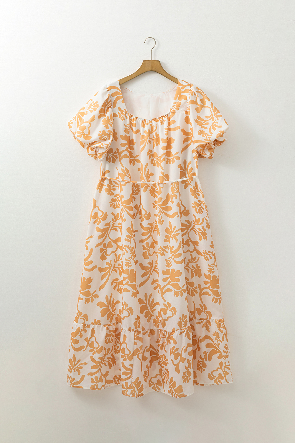Plus Size Apricot Floral Print Puff Short Sleeve Resort  Maxi Dress