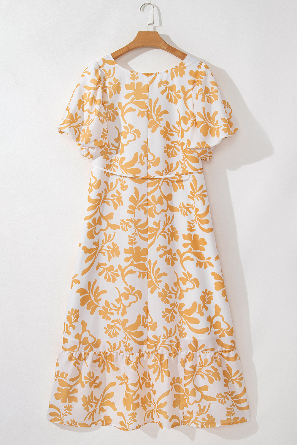 Plus Size Apricot Floral Print Puff Short Sleeve Resort  Maxi Dress
