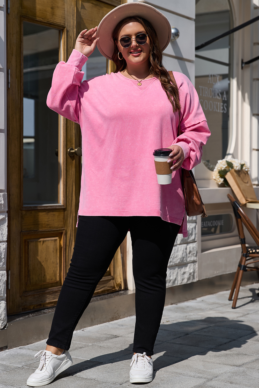 Plus Size Pink  Mineral Wash Drop Shoulder Round Neck Sweatshirt