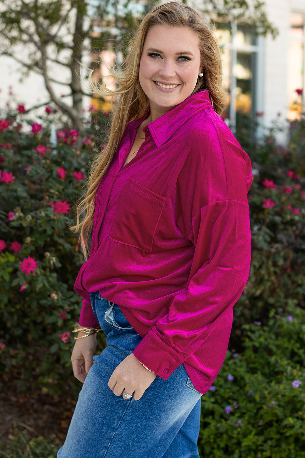 Plus Size Bright Pink  Velvet Chest Pocket Drop Shoulder Shirt