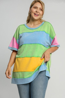 Plus Size Light Blue Color Block Exposed Seam Patchwork  T Shirt