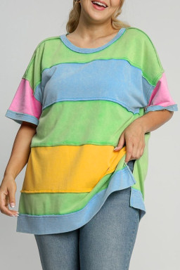 Curvaceous Light Blue Color Block Exposed Seam Patchwork T Shirt