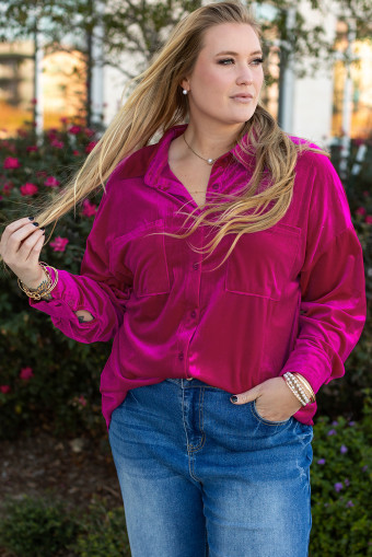 Plus Size Bright Pink  Velvet Chest Pocket Drop Shoulder Shirt