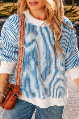 Dark Blue Striped Textured Knit Contrast Edge Loose Sweater