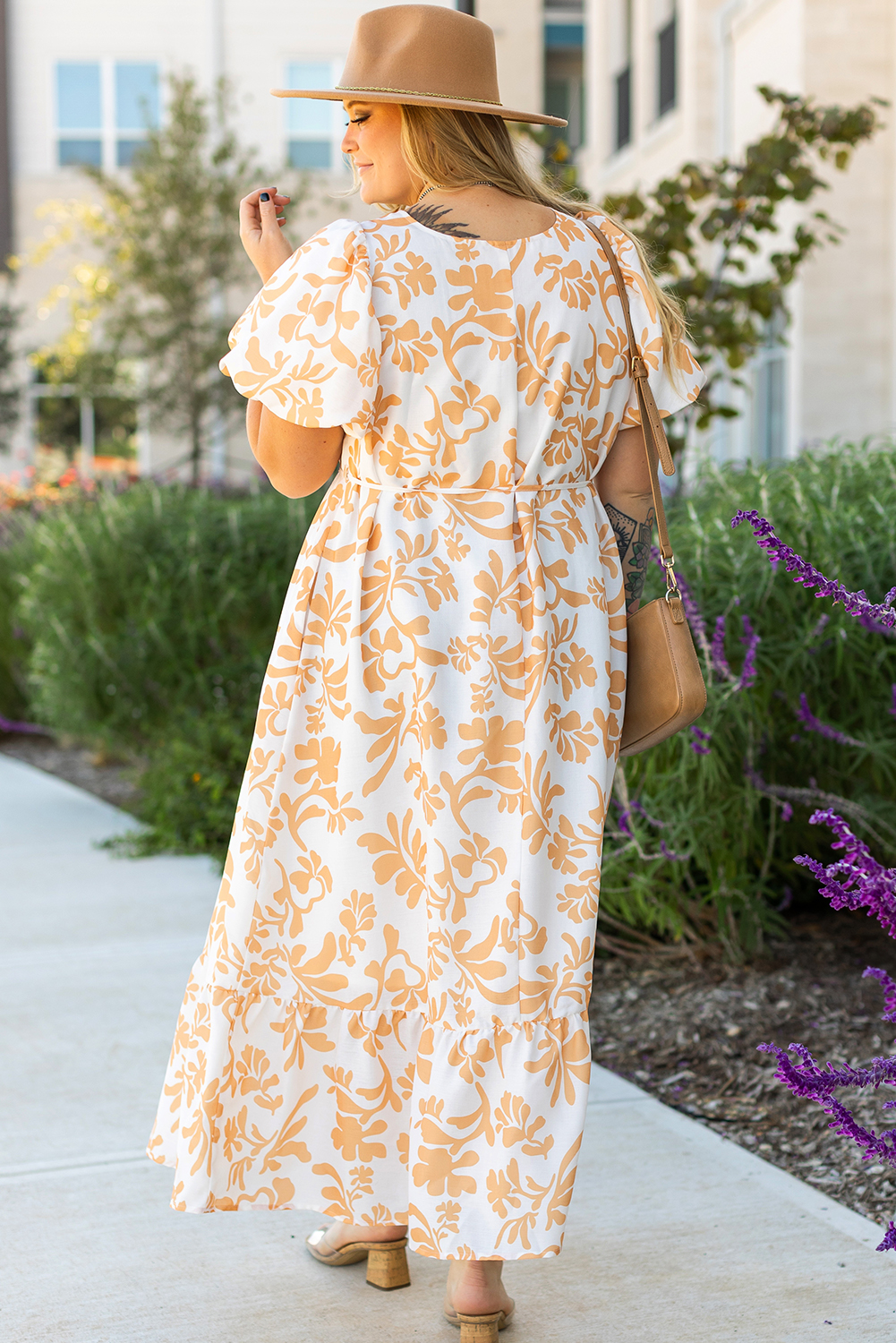Plus Apricot Floral Print Puff Short Sleeve Resort  Maxi Dress