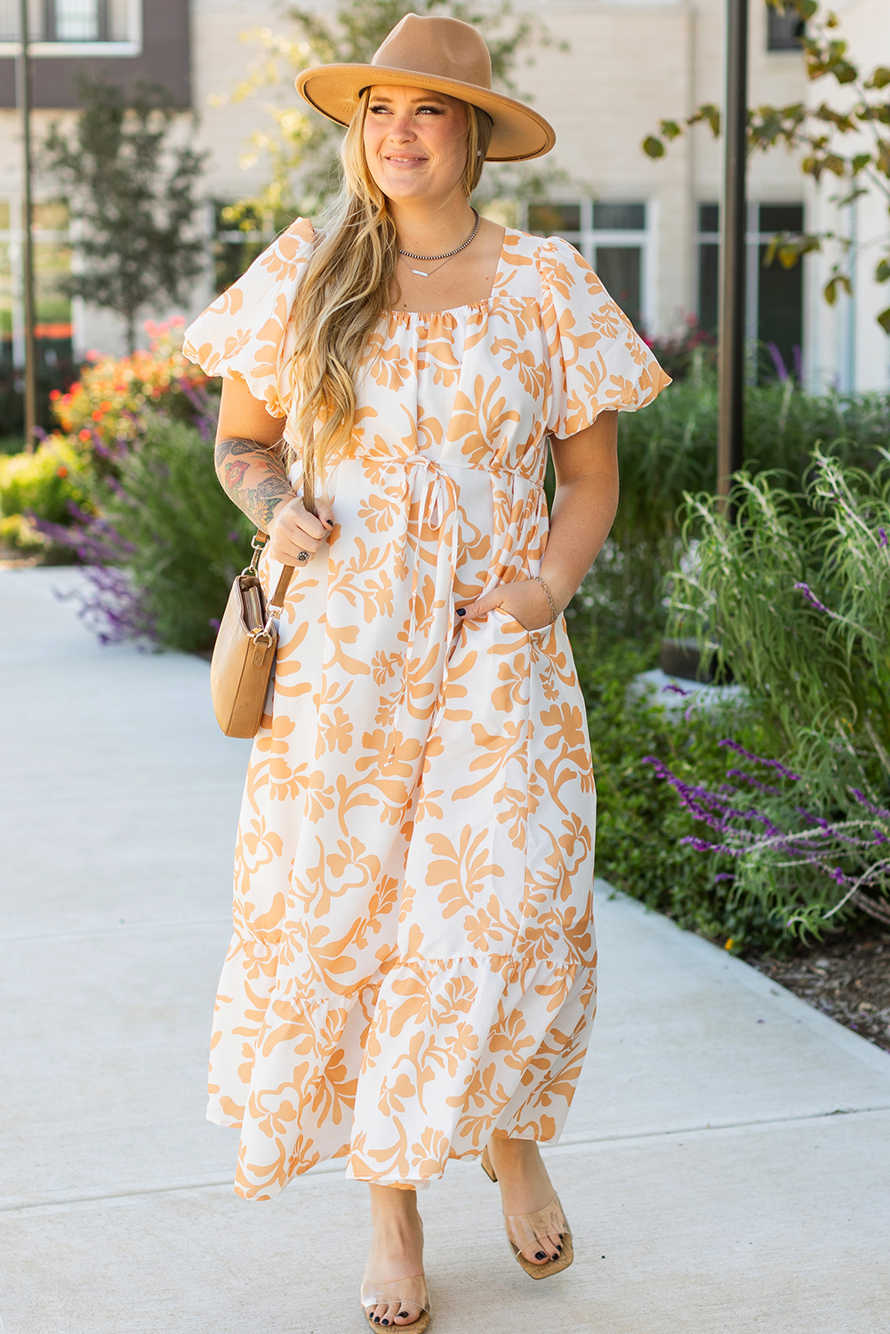 Plus Size Apricot Floral Print Puff Short Sleeve Resort  Maxi Dress