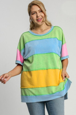 Plus Size Light Blue Color Block Exposed Seam Patchwork  T Shirt