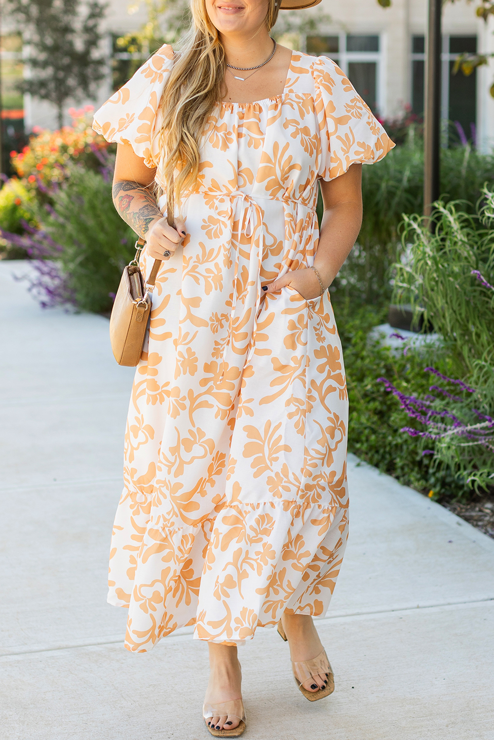Plus Size Apricot Floral Print Puff Short Sleeve Resort  Maxi Dress