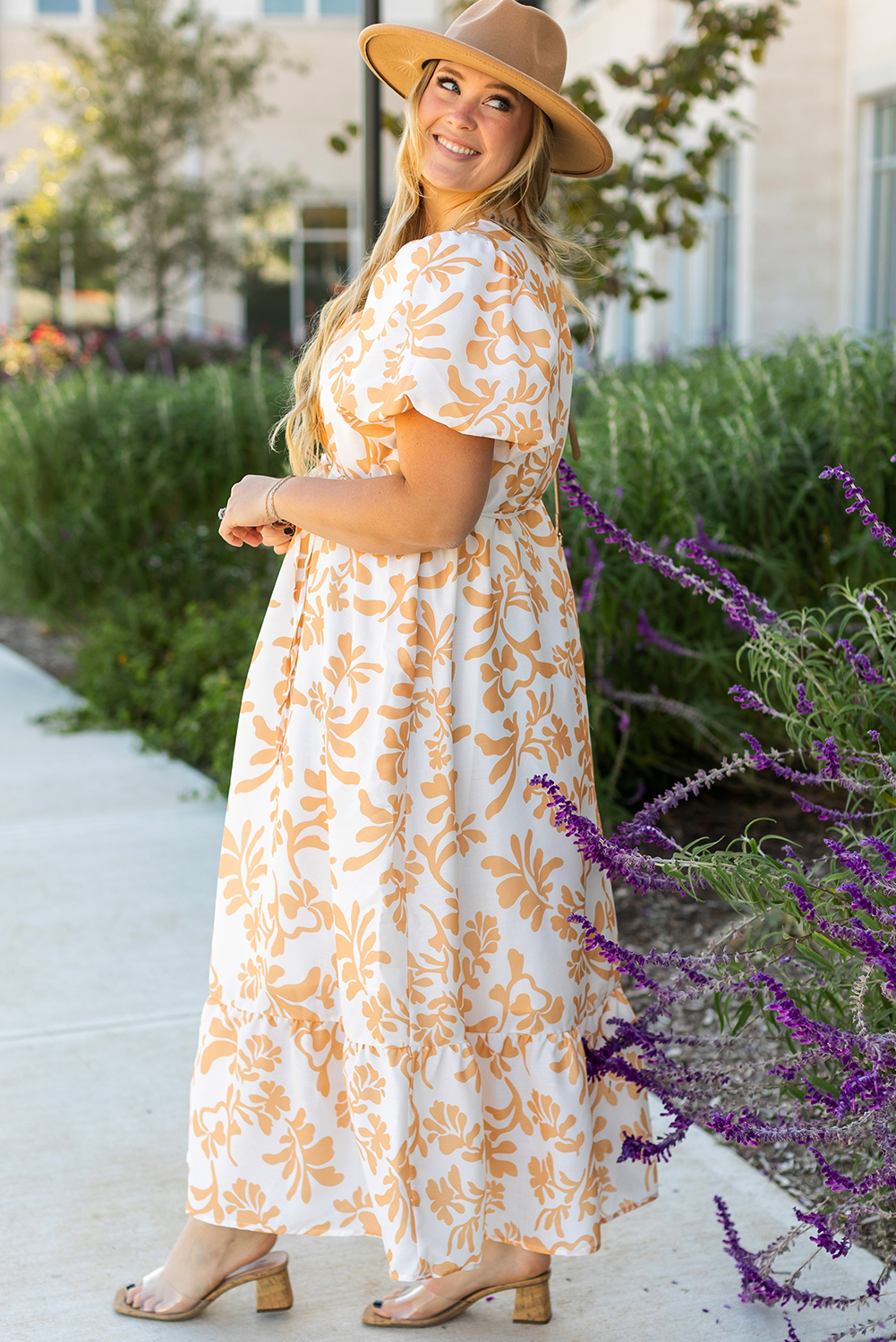 Curvy Plus Size Apricot Floral Print Puff Short Sleeve Resort  Maxi Dress