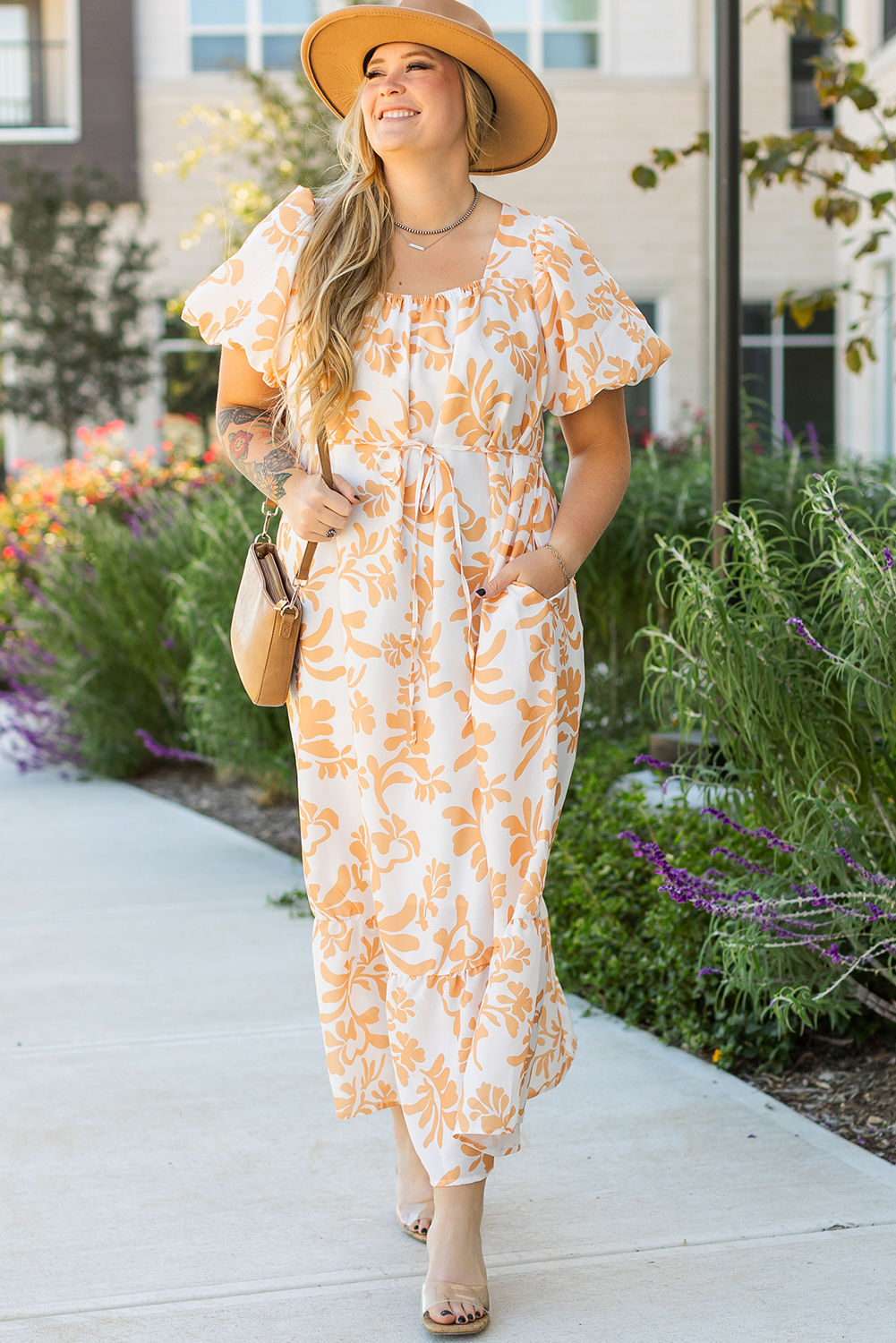 Plus Size Apricot Floral Print Puff Short Sleeve Resort  Maxi Dress