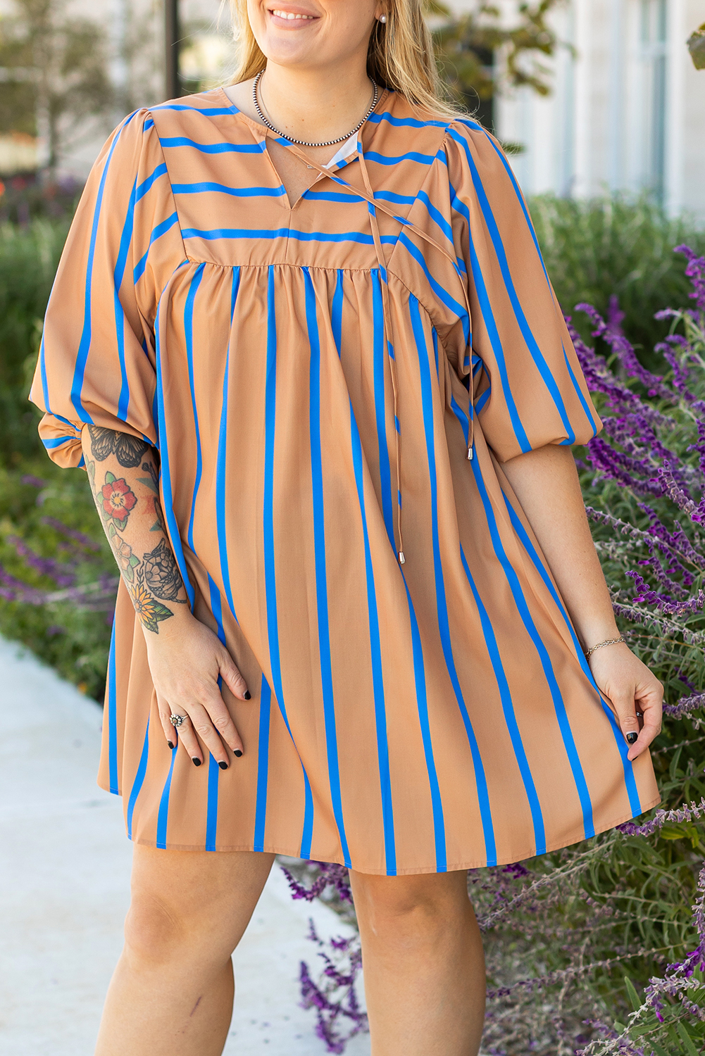 Plus Size Khaki Stripe Contrast Striped Print 3/4 Sleeve Babydoll  Dress