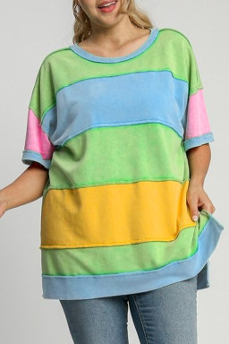 Plus Size Light Blue Color Block Exposed Seam Patchwork  T Shirt