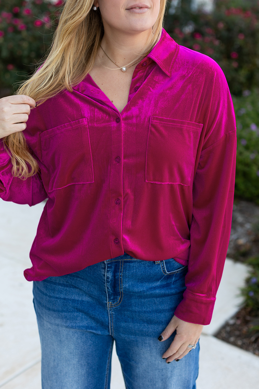 Plus Size Bright Pink  Velvet Chest Pocket Drop Shoulder Shirt