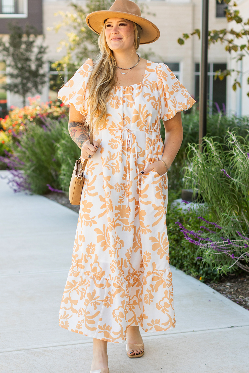 Plus Size Apricot Floral Print Puff Short Sleeve Resort  Maxi Dress