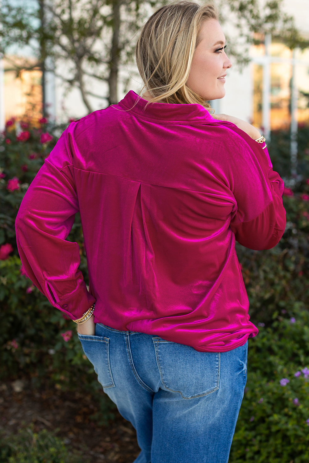 Plus Size Bright Pink  Velvet Chest Pocket Drop Shoulder Shirt