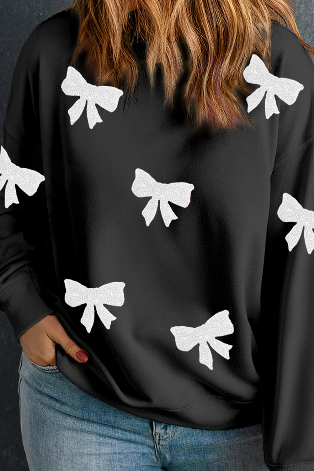 Plus Size Black Bow Pattern Drop Shoulder  Sweatshirt