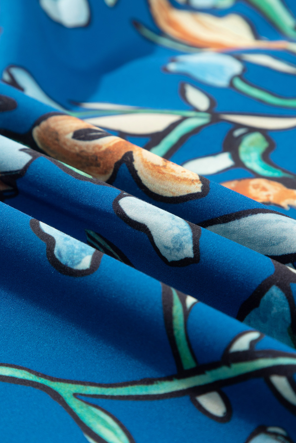 Plus Size Blue Floral Notched V Neck Half Sleeve  Blouse