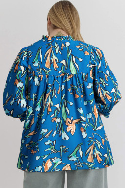 Plus Size Blue Floral Notched V Neck Half Sleeve  Blouse