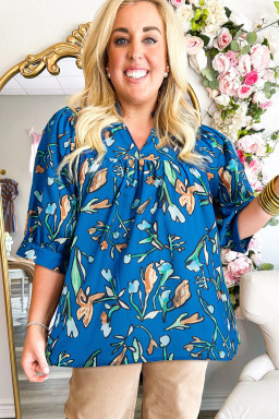 Plus Size Blue Floral Notched V Neck Half Sleeve  Blouse