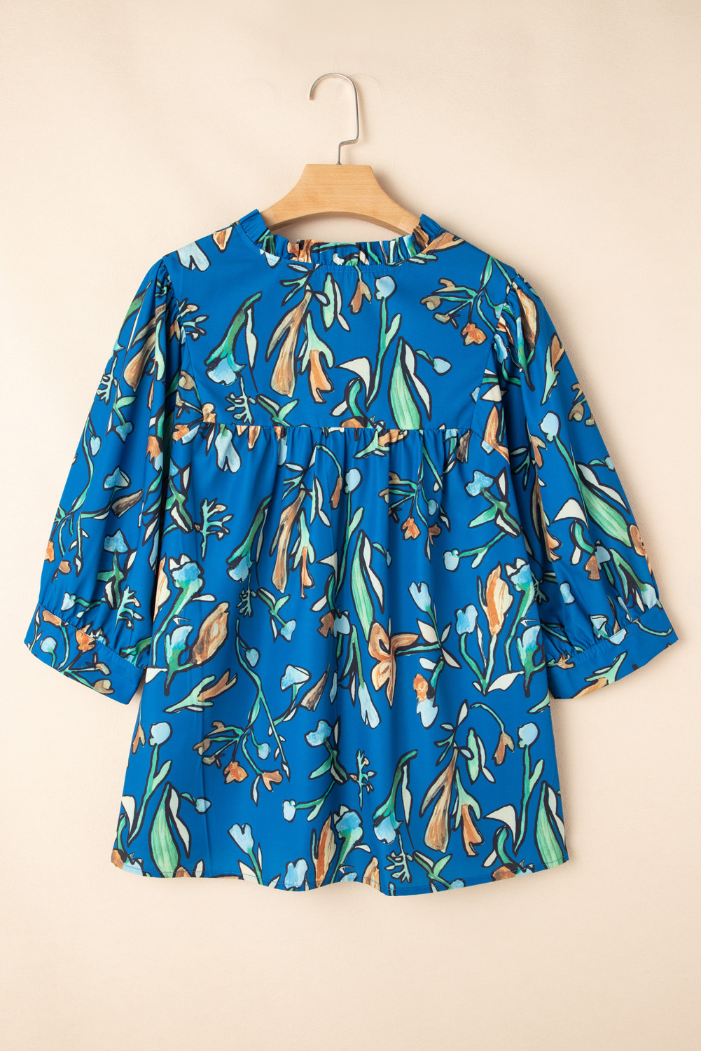 Plus Size Blue Floral Notched V Neck Half Sleeve  Blouse