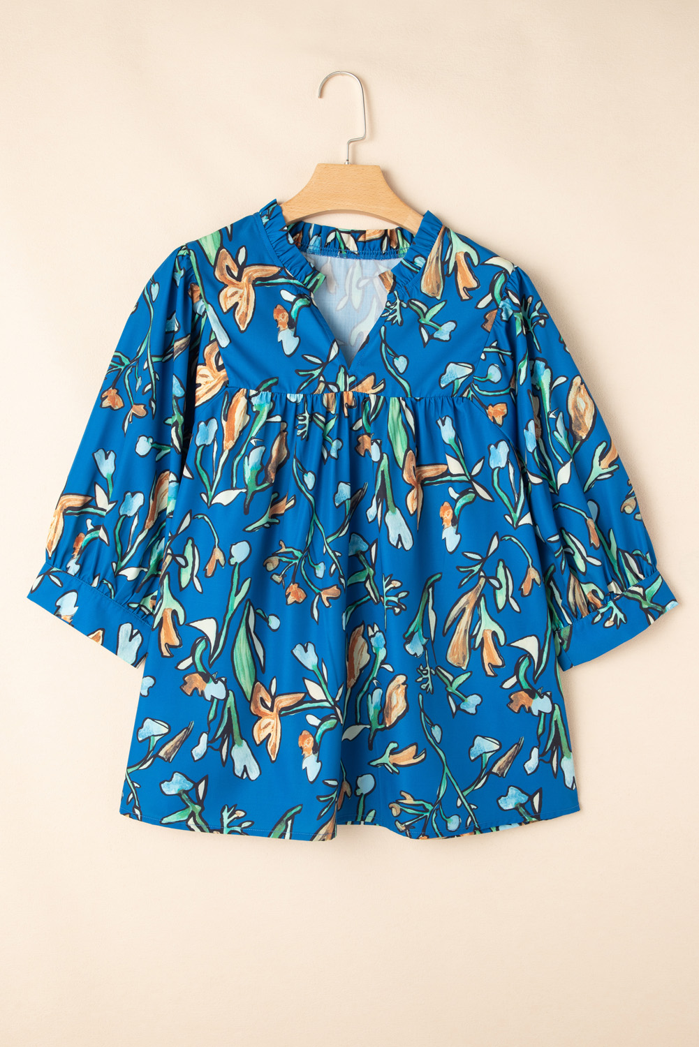 Plus Size Blue Floral Notched V Neck Half Sleeve  Blouse