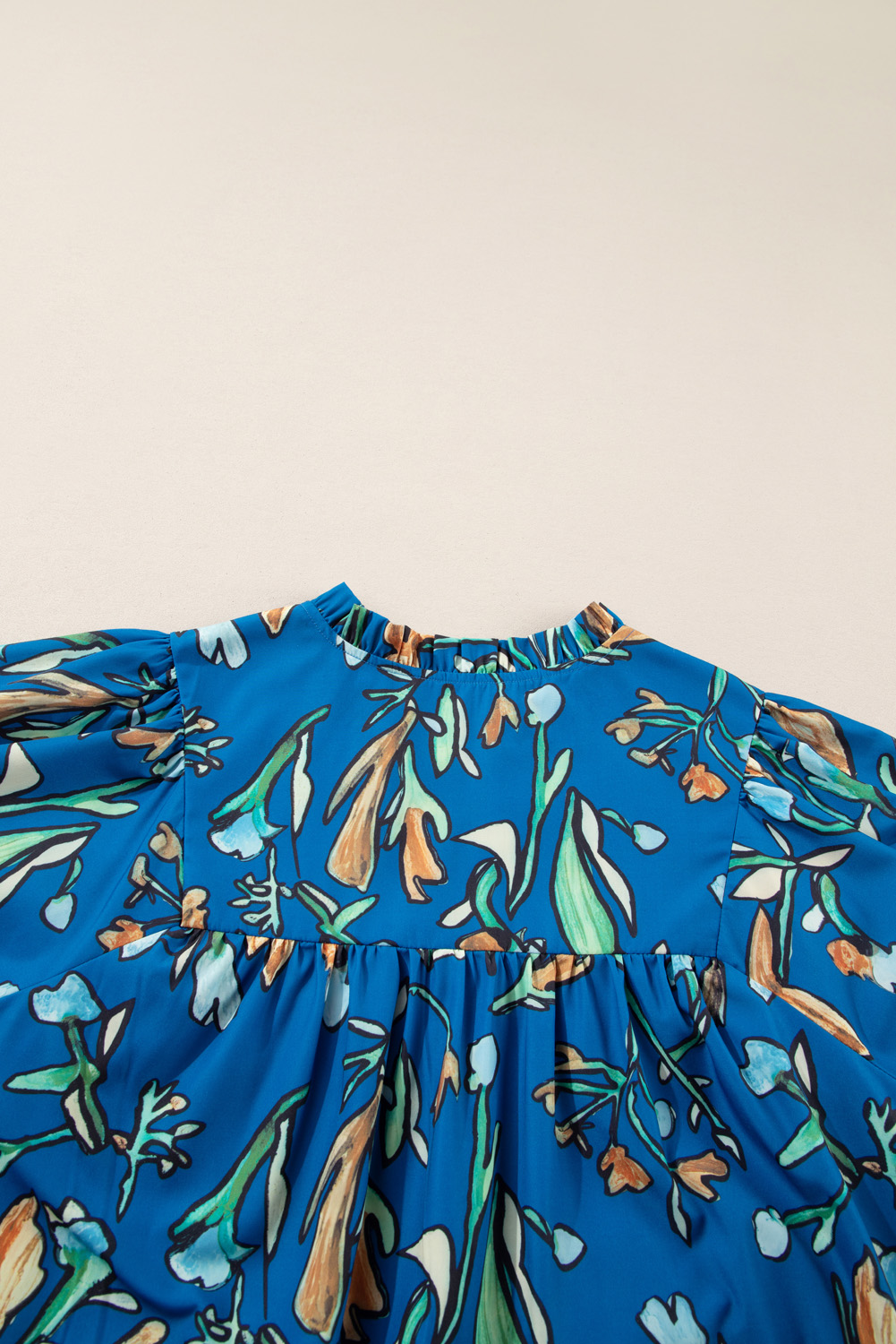 Plus Size Blue Floral Notched V Neck Half Sleeve  Blouse