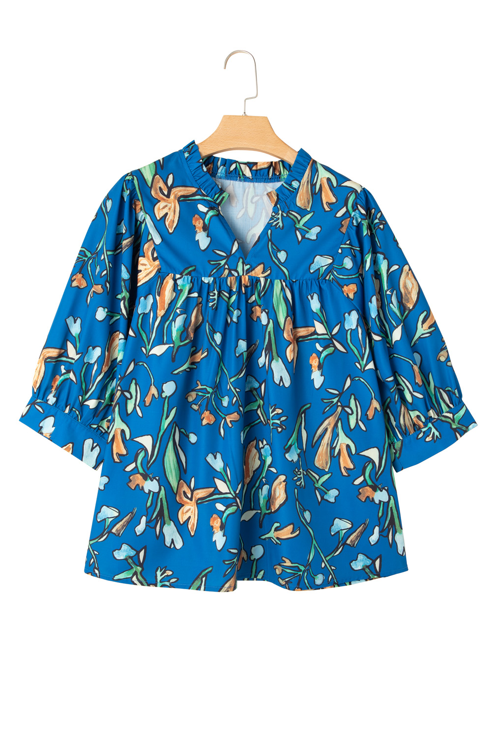 Plus Size Blue Floral Notched V Neck Half Sleeve  Blouse
