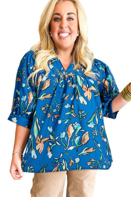 Plus Size Blue Floral Notched V Neck Half Sleeve  Blouse