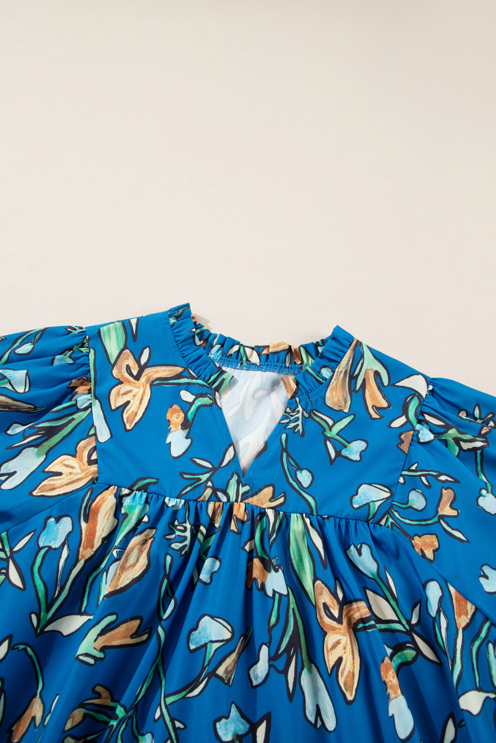 Plus Size Blue Floral Notched V Neck Half Sleeve  Blouse