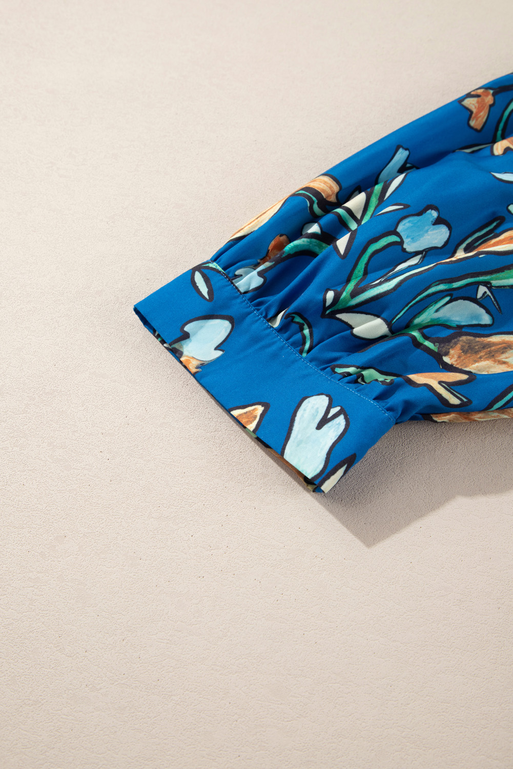 Plus Size Blue Floral Notched V Neck Half Sleeve  Blouse