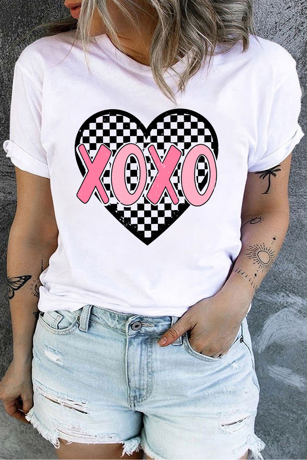 Plus Size White XOXO Checkered Heart Printed  Valentines T Shirt