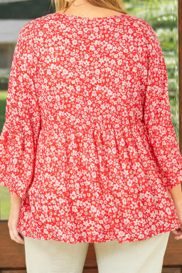 Plus Size Red  Floral V Neck Flared Bracelet Sleeve Blouse