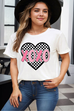 Plus Size White XOXO Checkered Heart Printed  Valentines T Shirt