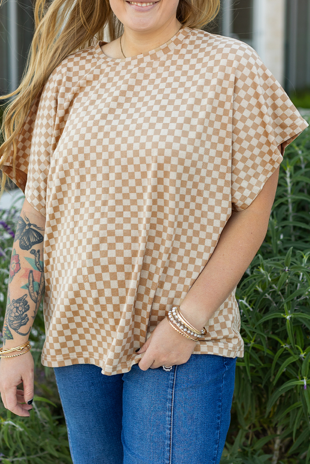 Plus Size Khaki Checkerboard Short Batwing Sleeve Round Neck  T Shirt
