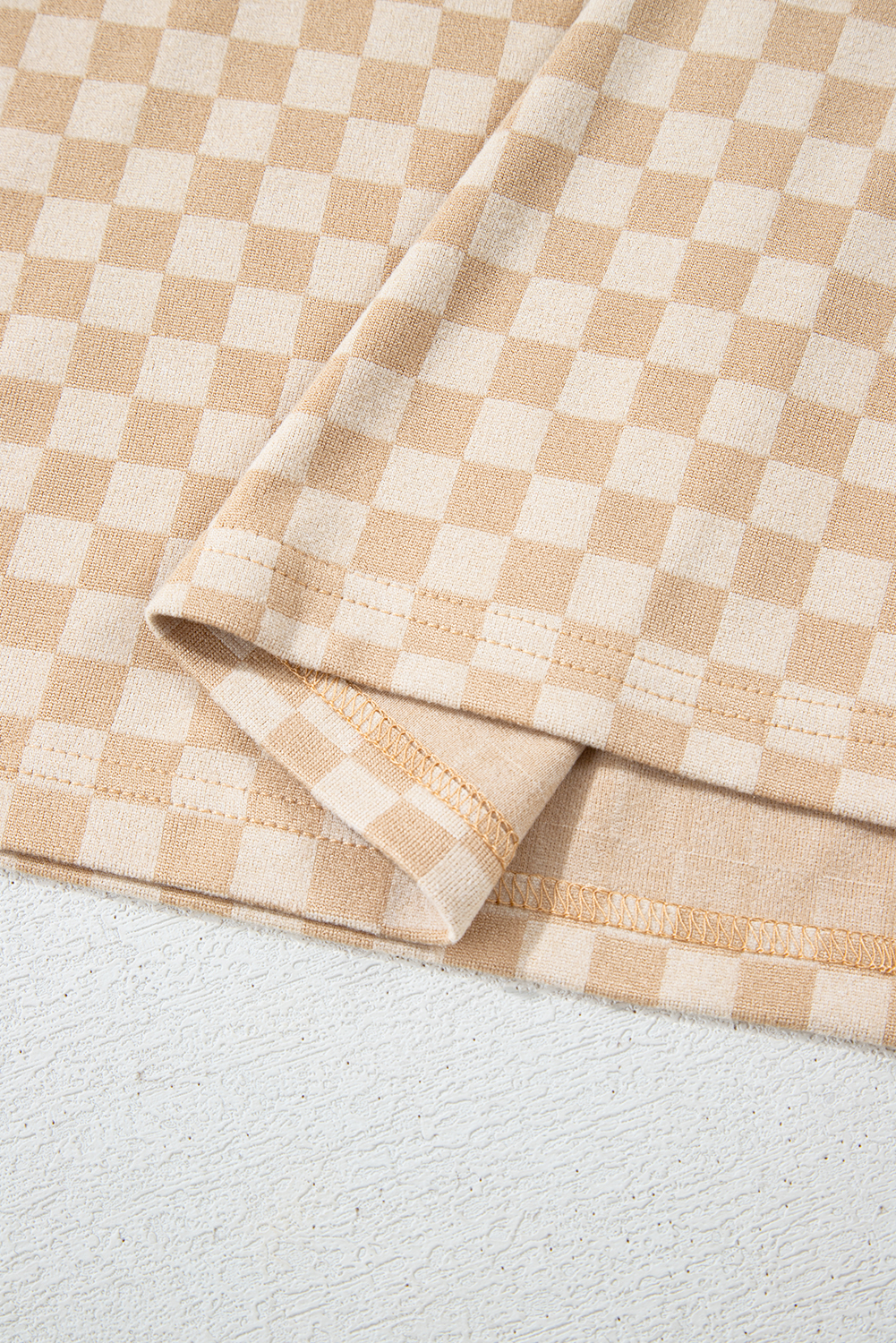 Plus Size Khaki Checkerboard Short Batwing Sleeve Round Neck  T Shirt