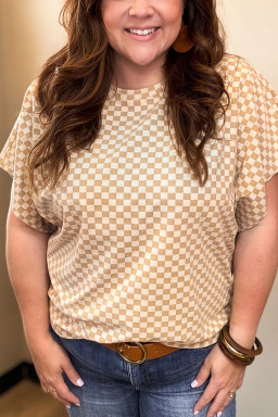 Plus Size Khaki Checkerboard Short Batwing Sleeve Round Neck  T Shirt