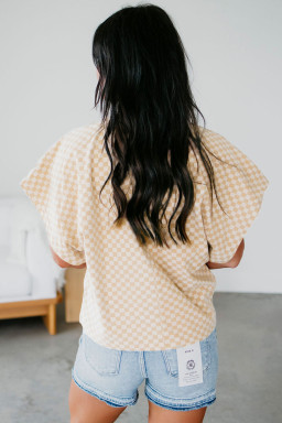 Plus Size Khaki Checkerboard Short Batwing Sleeve Round Neck  T Shirt