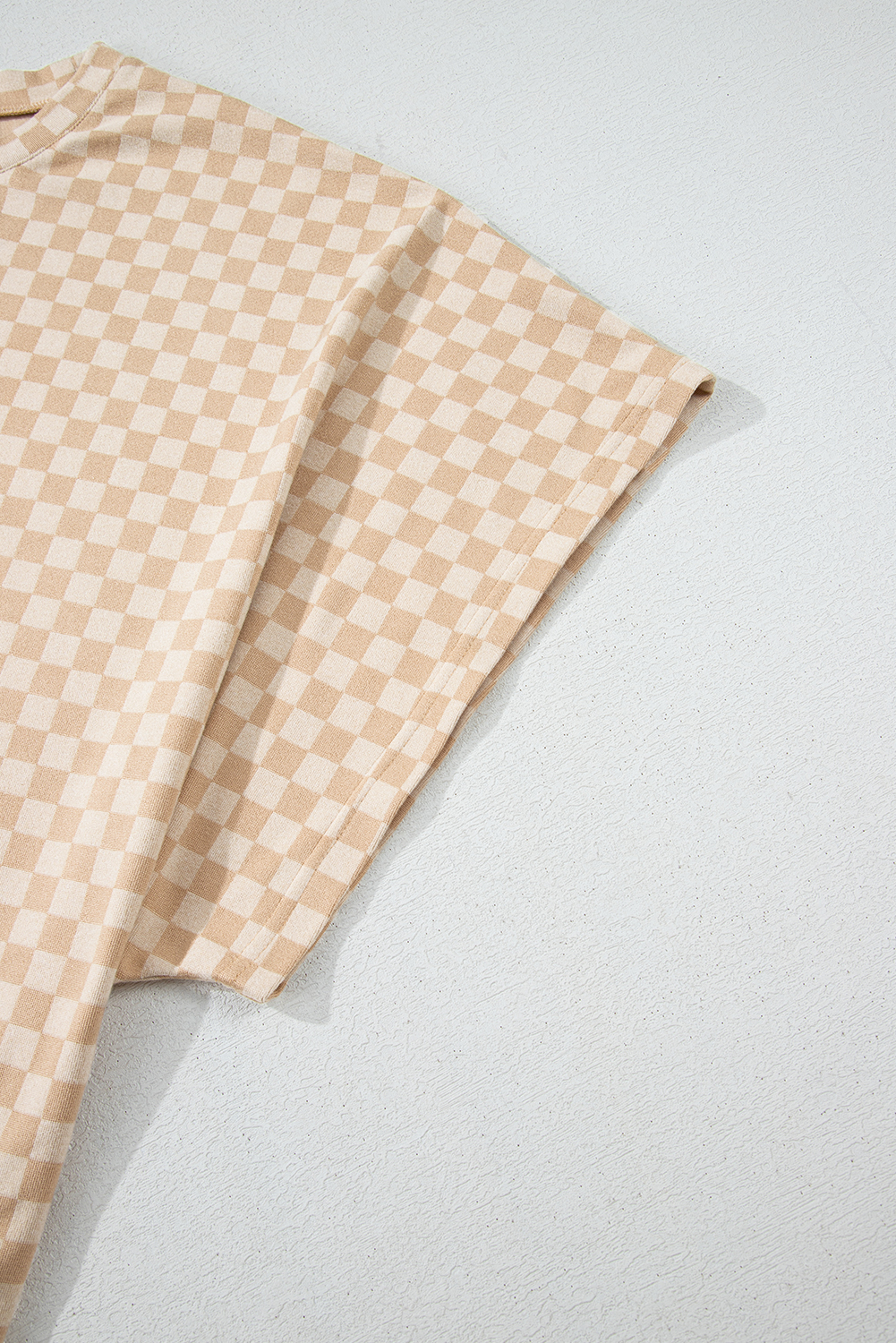 Plus Size Khaki Checkerboard Short Batwing Sleeve Round Neck  T Shirt